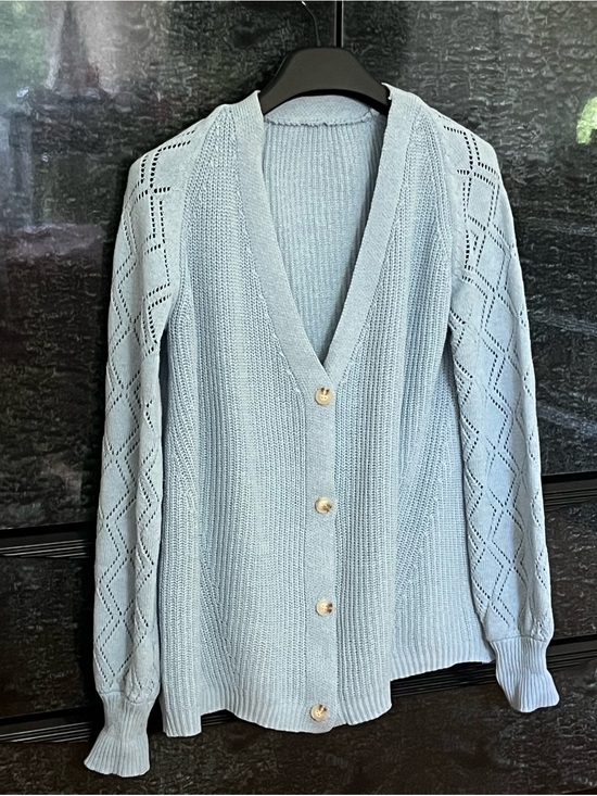 Sweaters - Light Blue V-Neck Button-Front Knit Cardigan- Coastal Cottagecore